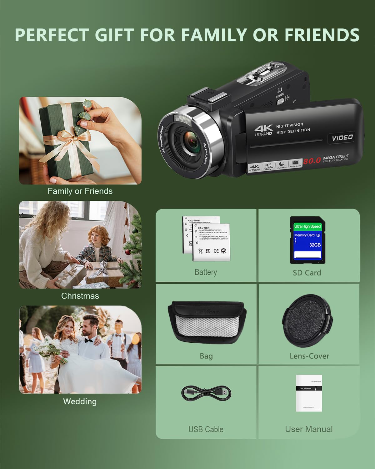 Videocamera 4K UHD 80MP IR Visione Notturna Vlogging Camera per YouTube Zoom Digitale 18X Videocamera Autofocus 3 pollici Rotazione 270 ° Schermo IPS Video Recorder con 32G SD Card, Copriobiettivo, 2