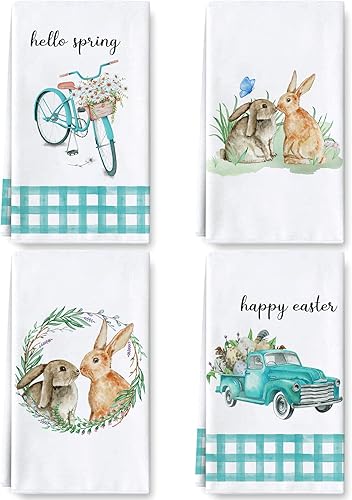 AnyDesign Toalla de cocina de Pascua con diseño de acuarela, conejito de Pascua, camión, toalla de cocina de secado a mano, toalla de cocina para