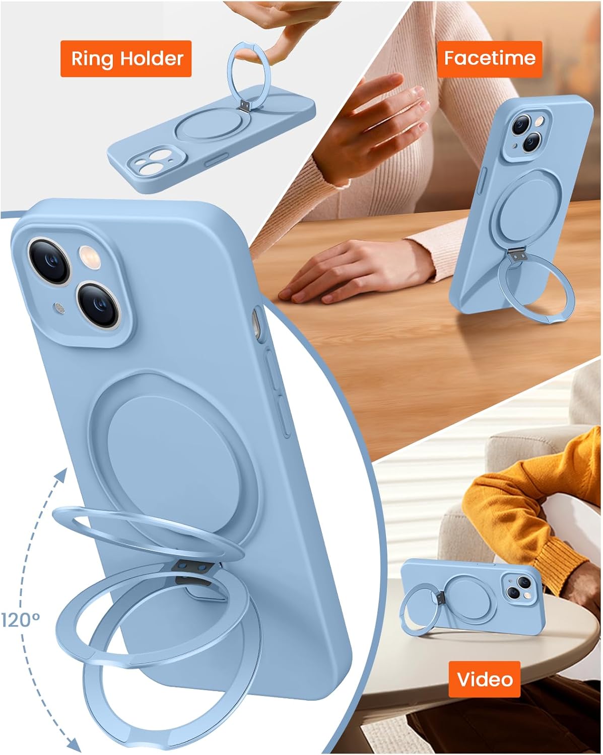 Liquid Silicone Case for iPhone 14 with Magnetic Ring Stand, Upgraded Camera Lens Protection, Mil-Grade Drop Shockproof, Anti-Scratch Microfiber Lining Silicone Case (Azure Blue) - Image 2