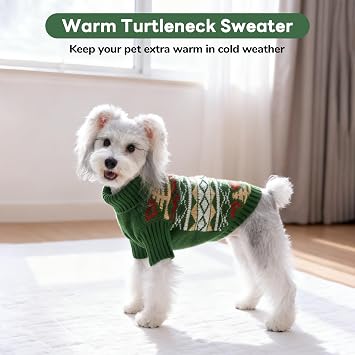 PUMYPOREITY Dog Christmas Sweater, Cozy Winter Knit Pullover with High Neck, Stretchy Fit for Small Medium Large Dogs, XS, Green