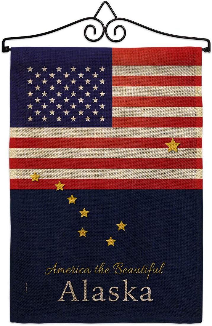 US Alaska Burlap Burlap Garden Flag Set with Stand Americana States USA American Territories Republic Country Particular Area Small Decorative Gift Yard House Banner Double-Sided Made In 13 X 18.5