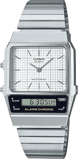 Casio Unisex AQ-800E-7A Vintage Analog-Digital Watch, Retro 1980s Design, Stainless Steel Band, Dual Time, 1/100-Second Stopwatch, Daily Alarm, Water Resistant, Adjustable Clasp, Silver