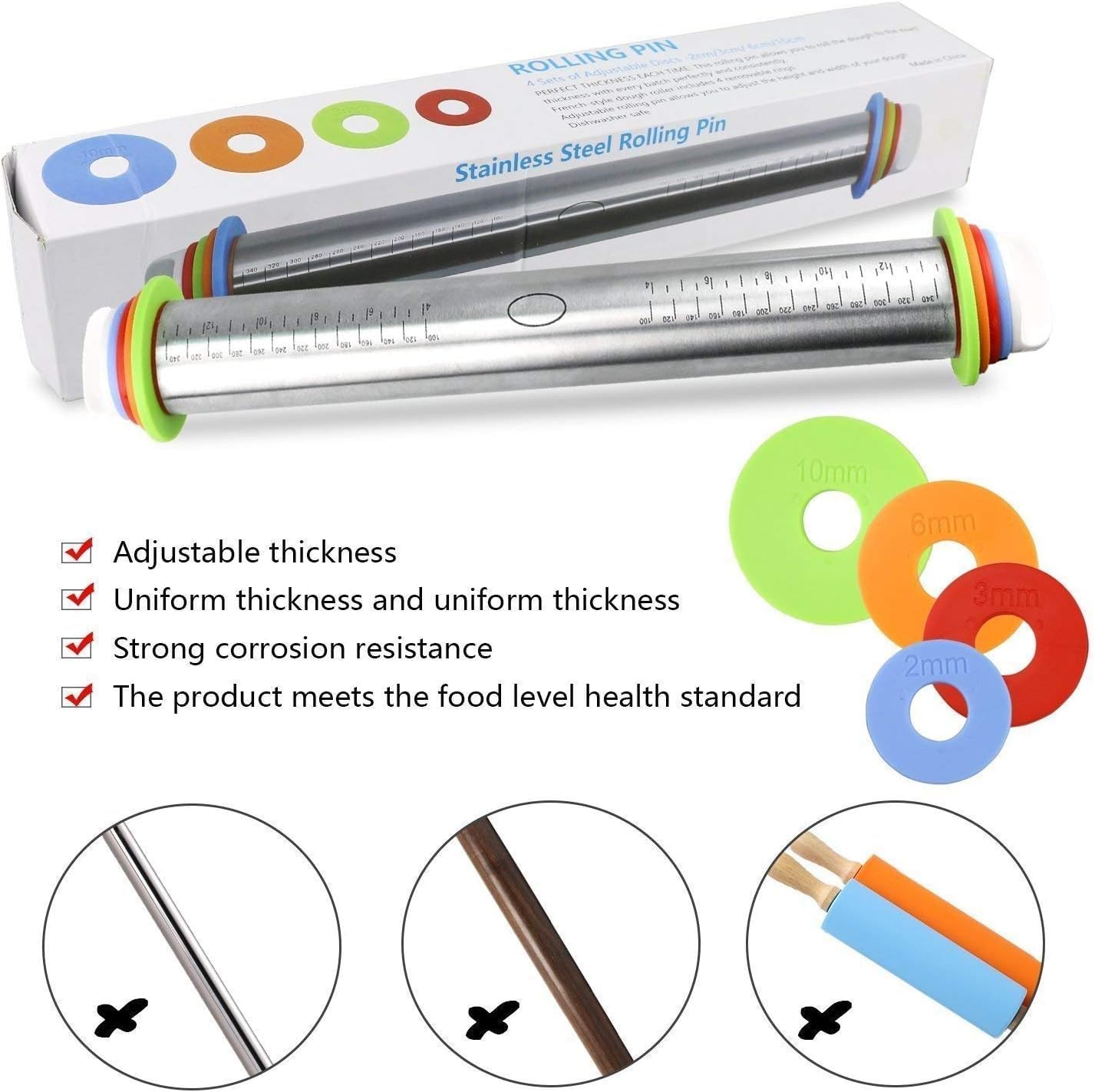 Pin regolabile non bastone rolling per torta con dischi e marcatori di misurazione, incluso tappetino in silicone Baking Mat, 40 x 6 cm Bakeware