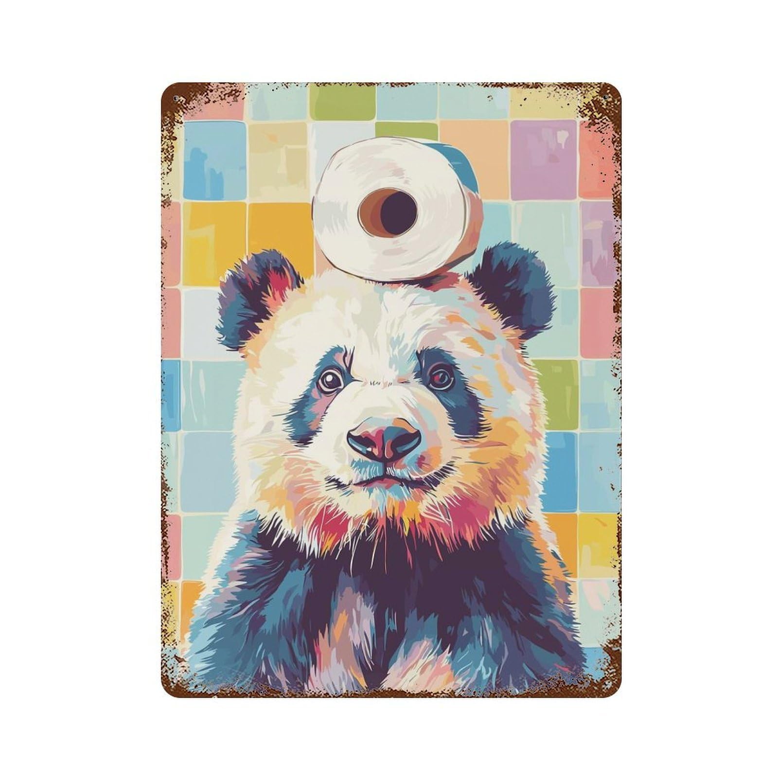 Panda with Toilet Paper on Head Rusty Metal Tin Sign 15.7"x11.8", Industrial Home Decor for Garage, Pub Or Kitchen