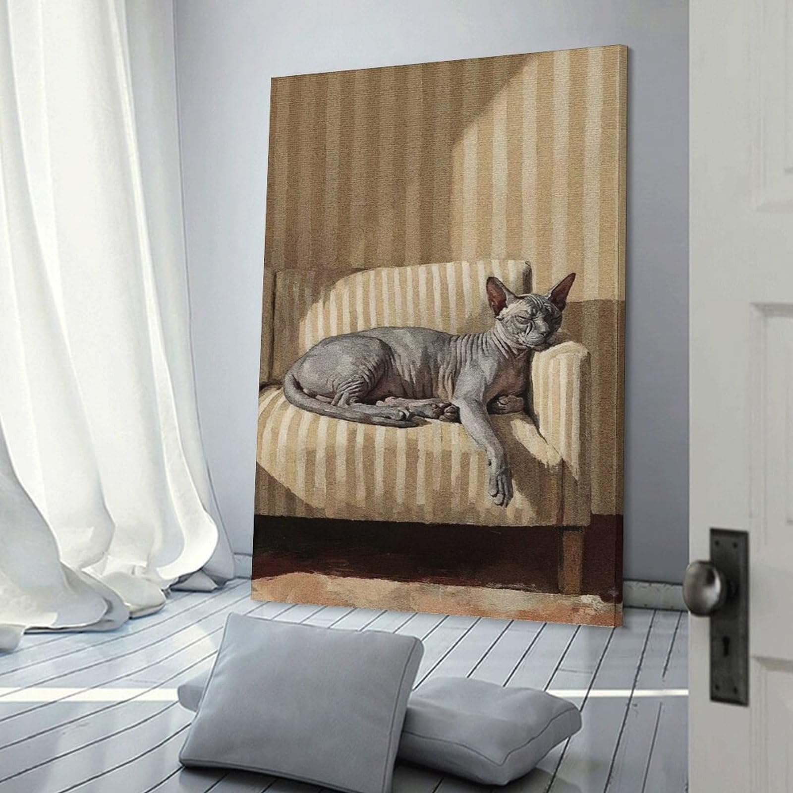 Junmoney Sleeping Sphynx Cat on Striped Couch Canvas Wall Decor 20x30inch(50x75cm), for Flats, Guest Rooms Or Compact Rooms, Home Artwork for Modern Interiors