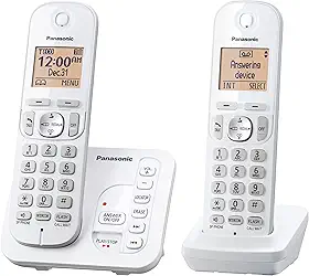 Panasonic 2 telefones sem fio com sistema de atendimento digital e identificador de chamadas, expansível até 6 aparelhos brancos – dois aparelhos com bloco de chamadas DECT 6.0 modelo KX-TG7122SK