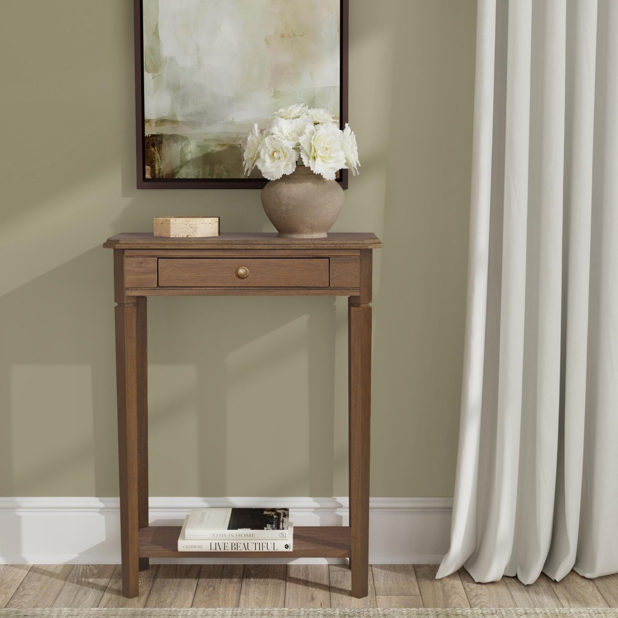 East at Main Solid Wood Console Table – 23.75” Wide Narrow Brown Entryway Table with Storage & Shelf – Rustic French Country Accent Table for Hallways