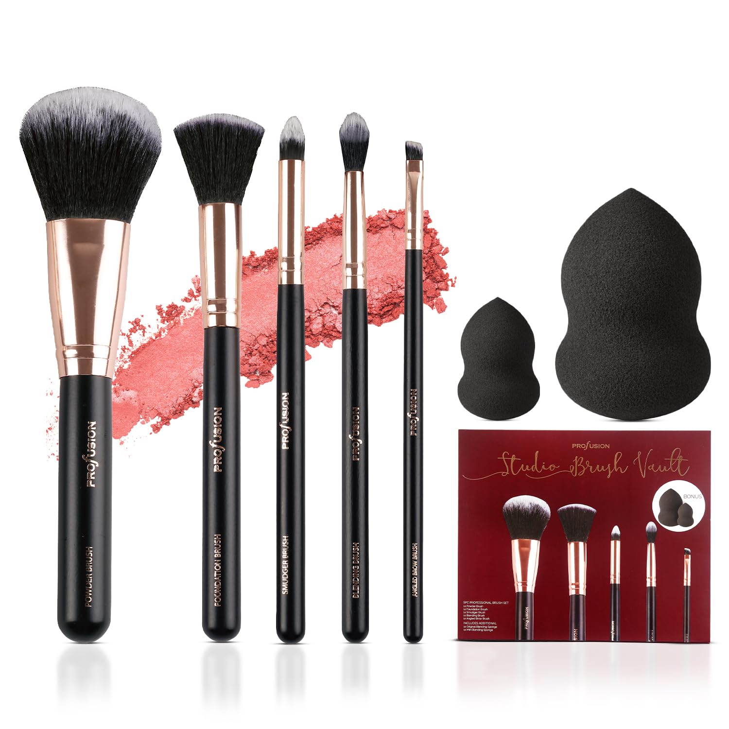 Profusion Cosmetics Studio Brush Vault 5 PC Brush & 2 PC Sponge Set – Powder, Foundation, Smudger, Blending & Angled Brow with Blending Sponge for Flawless Makeup Application