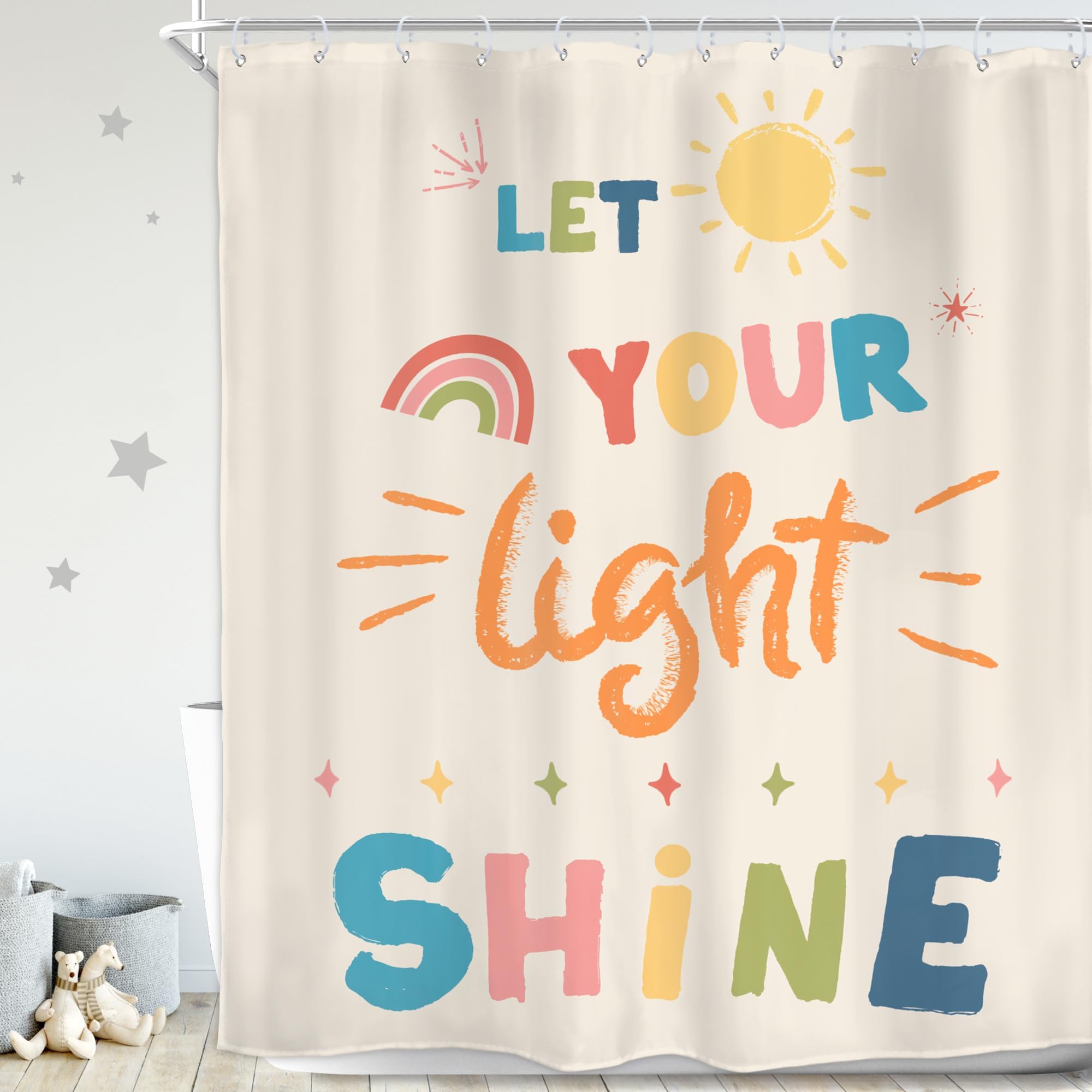 Kids Quotes Shower Curtain Set Inspirational Cartoon Colorful Let You Light Shine Classical 60Wx72H Inch English Letter Sun Simple for Child Waterproof Polyester Fabric Bathroom Bathtub