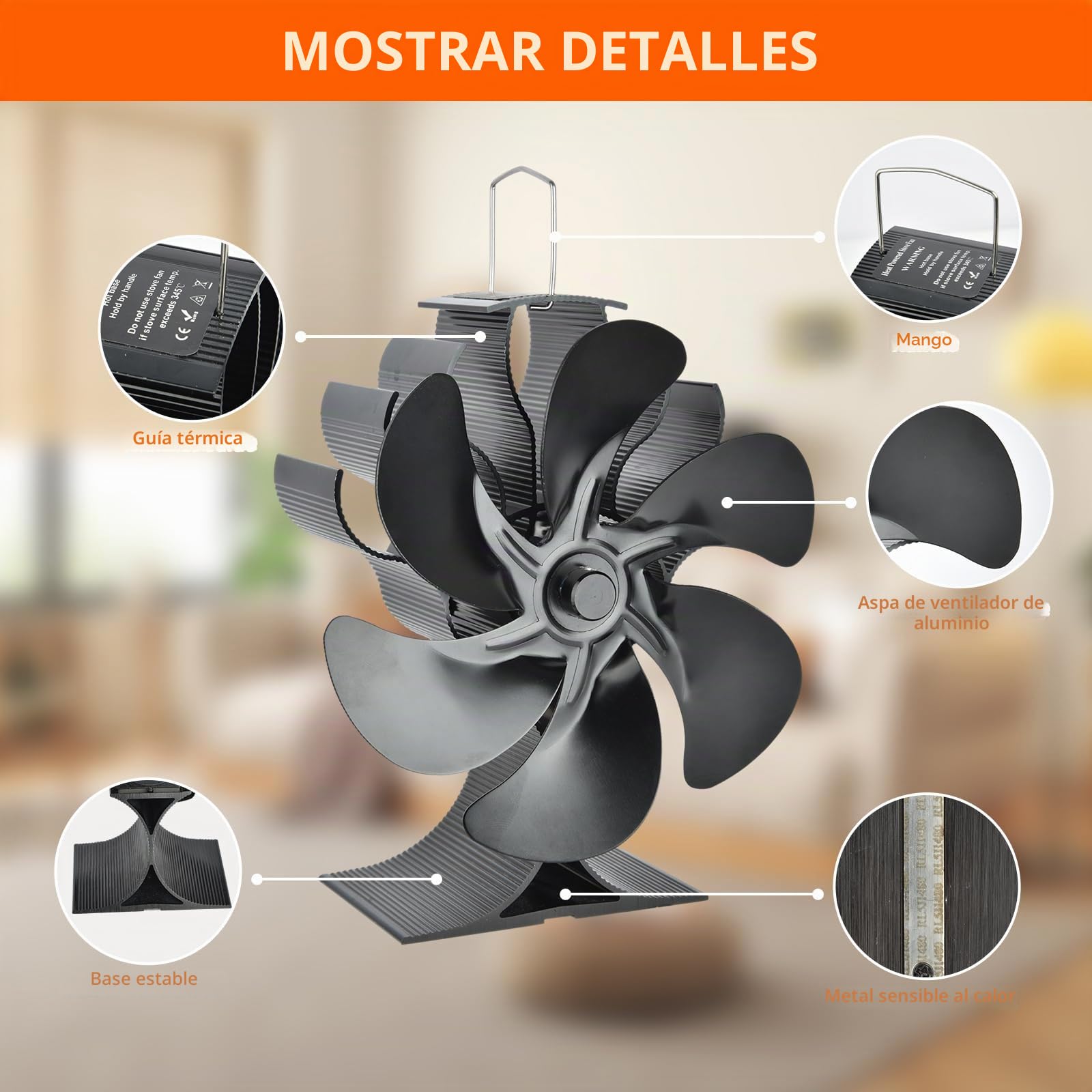 Ventilador Poele de madera,Ventilador de Poele de 6 hojas, Ventilador de estufa de leña Ecológico y de bajo consumo de energía, Funcionamiento silencioso