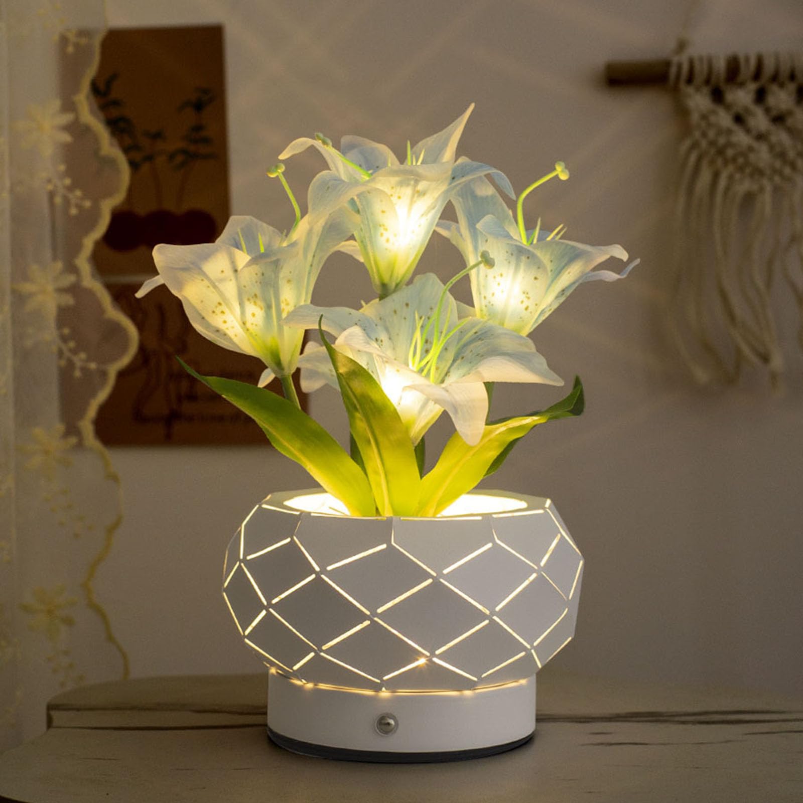 Lilien-Nachtlicht in geometrischem Eisen-Übertopf, 3 Farben, unendlich, dimmbar, Tischlampen, geeignet für Kindernachttisch, ein Geschenk für geliebte Menschen, Hochzeitsdekoration, Lilienblau, 11,9 x