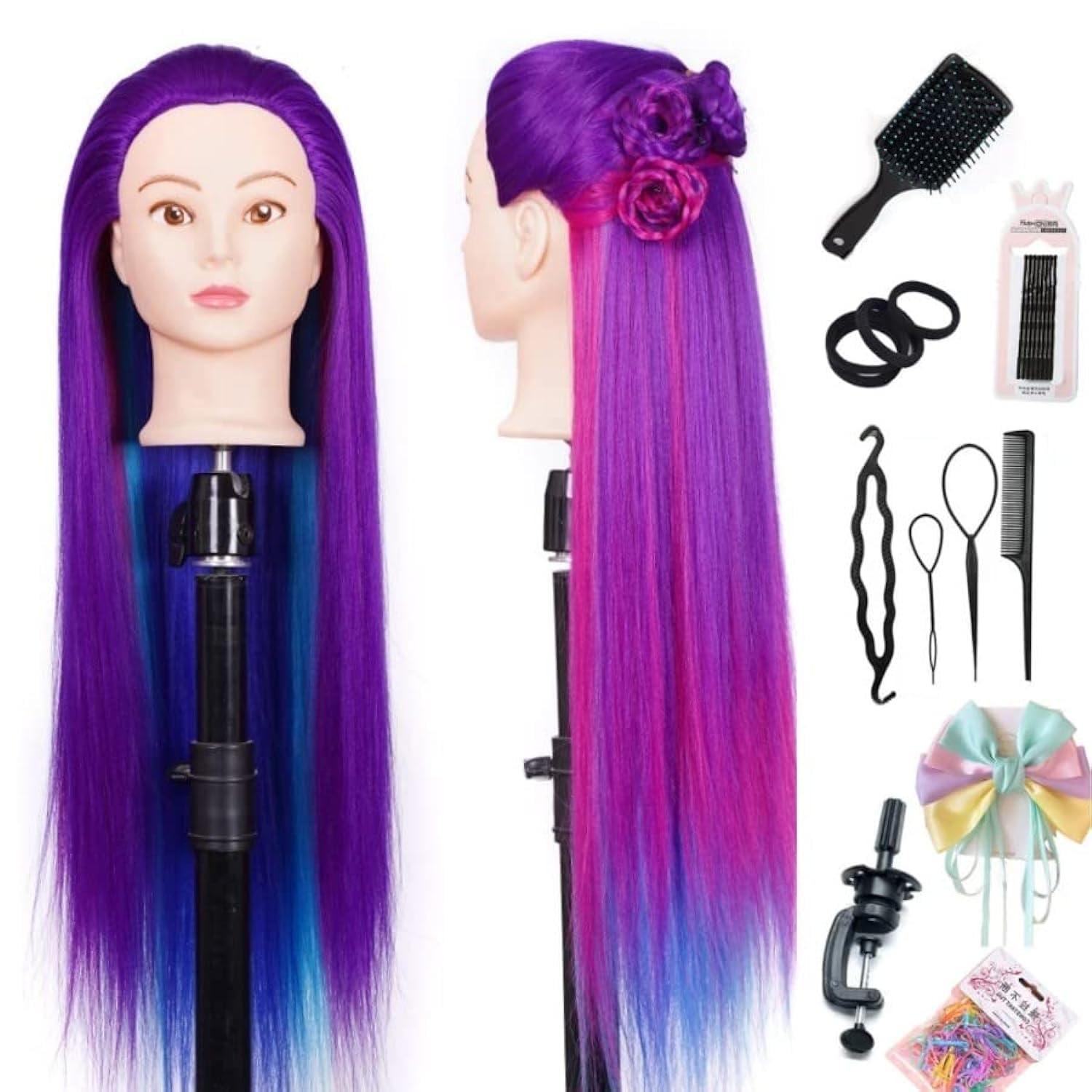 Training Head 26"-28'' Mannequin Head Hair Styling Manikin Cosmetology Doll Head Synthetic Fiber Hair Hairdressing Training Model Free Clamp Exquisite Gifts (Purple Four Colors)