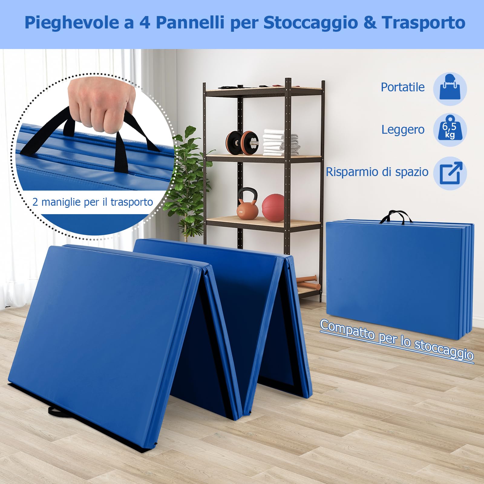 GYMAX Tappetino Ginnico Pieghevole a 4 Pannelli, Spesso 5 cm in Ecopelle con Chiusure a Strappo, Maniglie Portatili, Tappetini Portatili per Ginnastica, Arti Marziali, Yoga