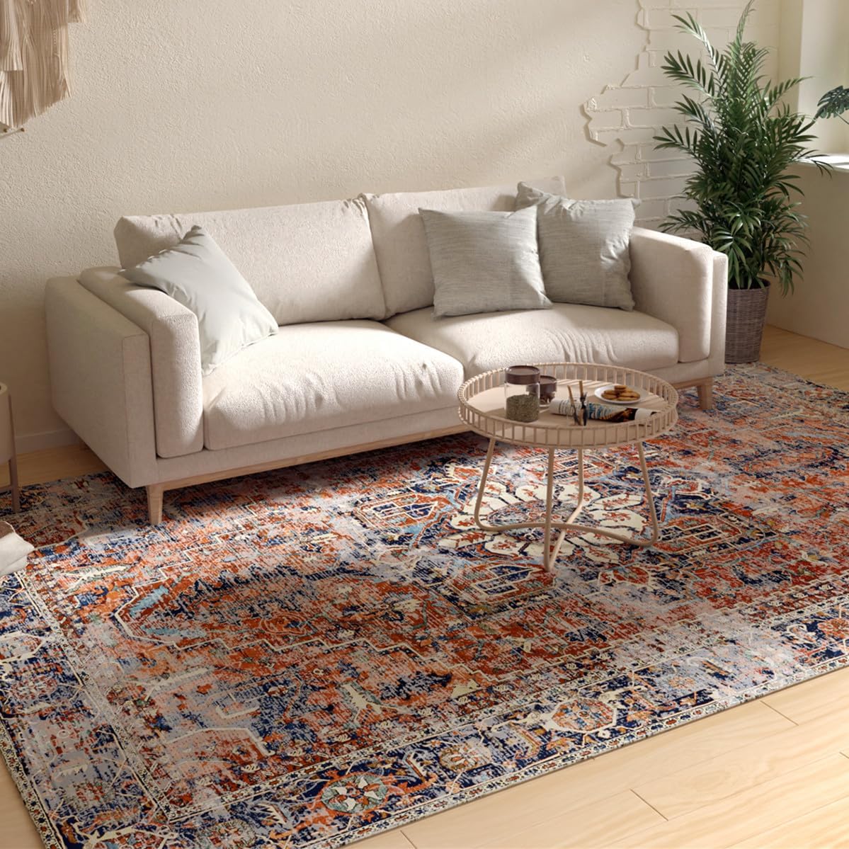Machine Washable Rug 8'x10' Area Rugs with Non-Slip Vintage Rug for Living Room Low Pile Floral Distressed Printed Rug Stain Resistant Carpet for Home Decor Bedroom Dining Room Office,Orange