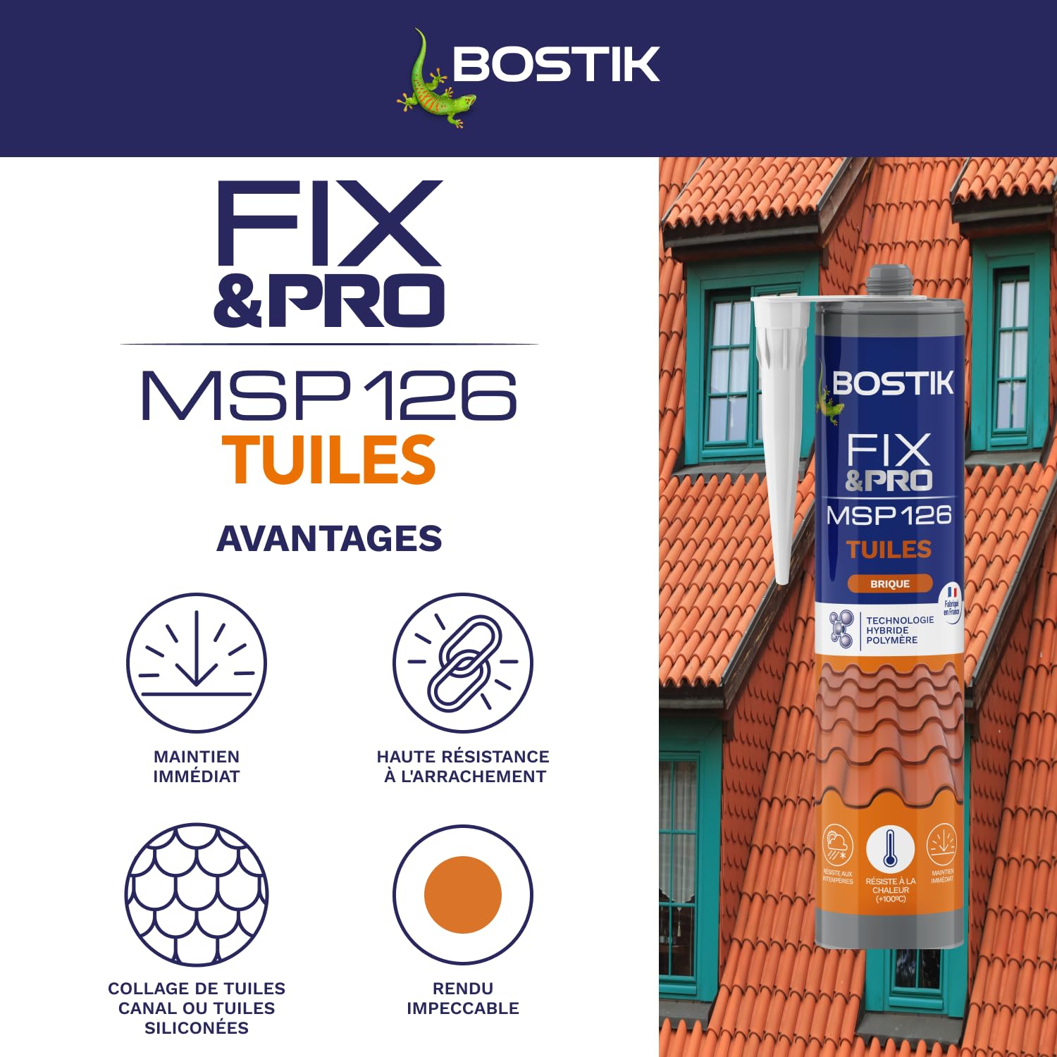 Bostik FIXPRO - Mastice Tegole Rosso MSP 126 per Tetti e Piastrelle in Silicone - Presa Rapida - Ibrido Polimerico - Colore Mattone - 1 Cartuccia 290 ml