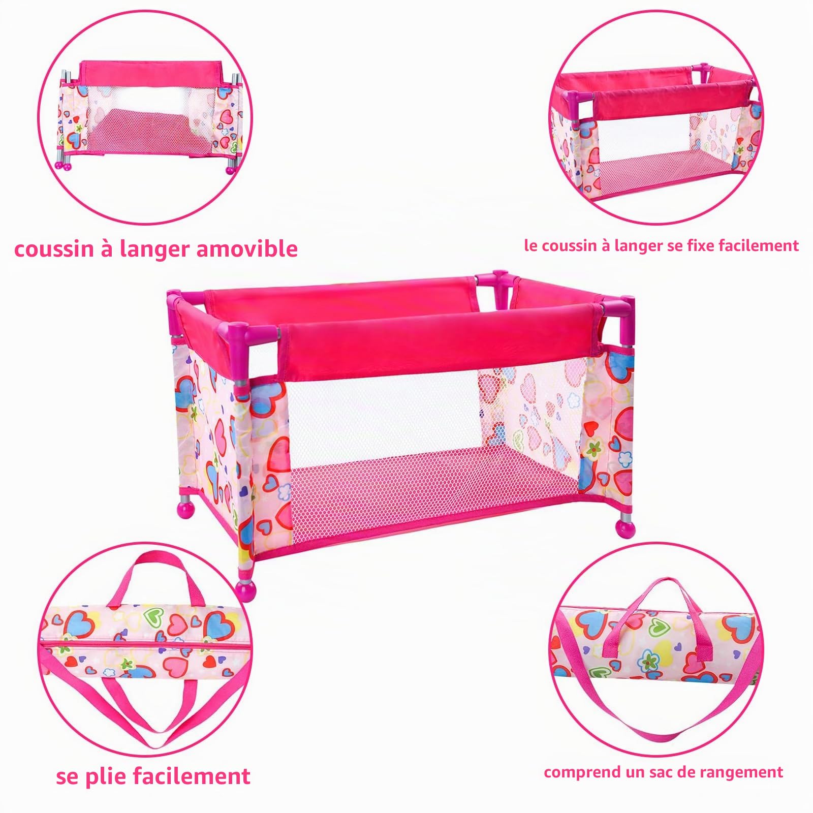Lit de Voyage Pliable pour poupée jusqu'à 45cm avec Sac de Transport et Accessoires Jouet d'imitation pour Enfants 3 Ans et Plus