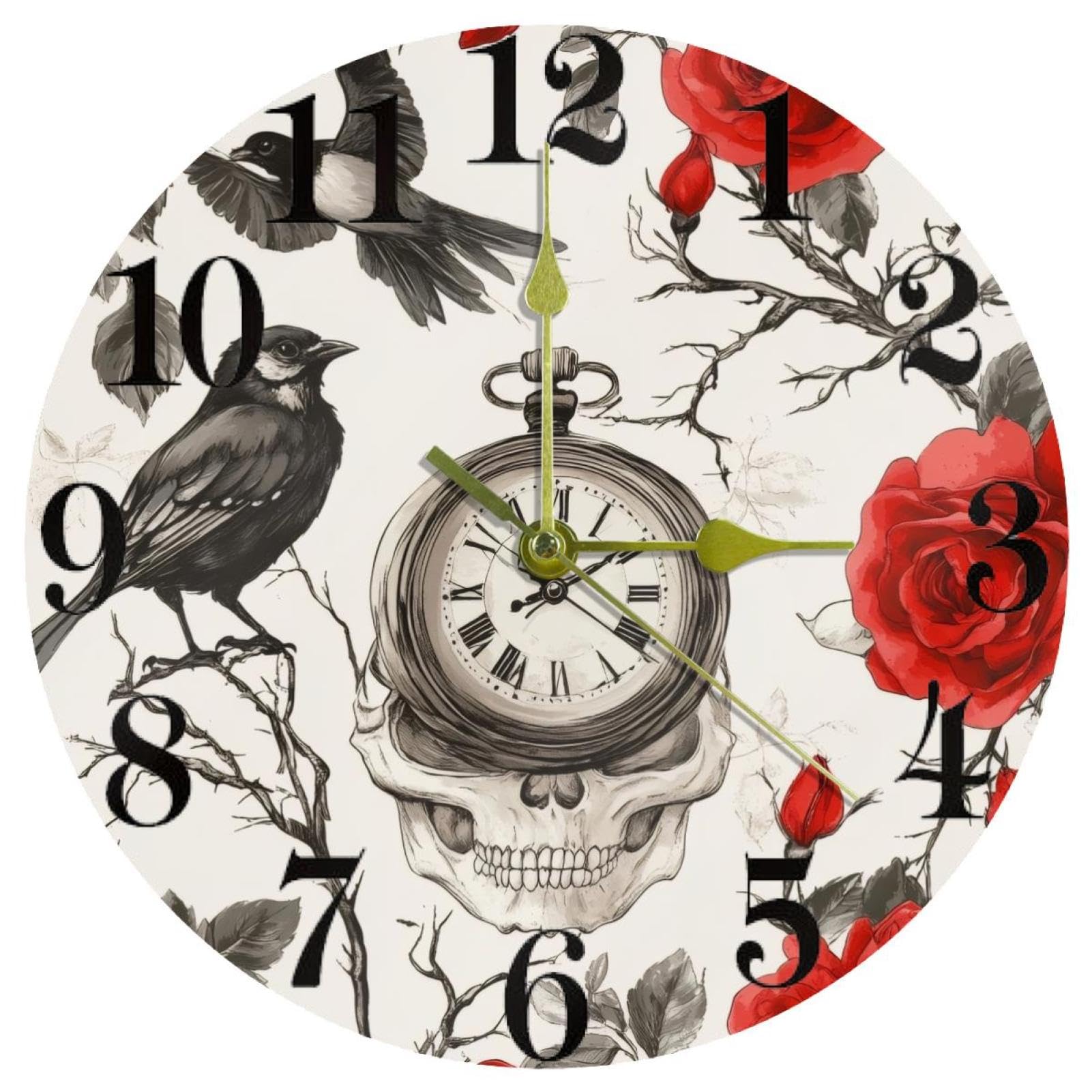 Horloge murale silencieuse tête de mort vintage sans tic-tac à piles