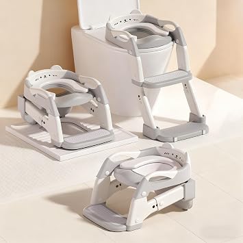 Potty Training Seat, Upgrade Toddler Toilet Seat for Kids Boys Girls, 3 in 1 Potty Training Toilet with Step Stool Ladder-Non Slip Foldable Gray+White