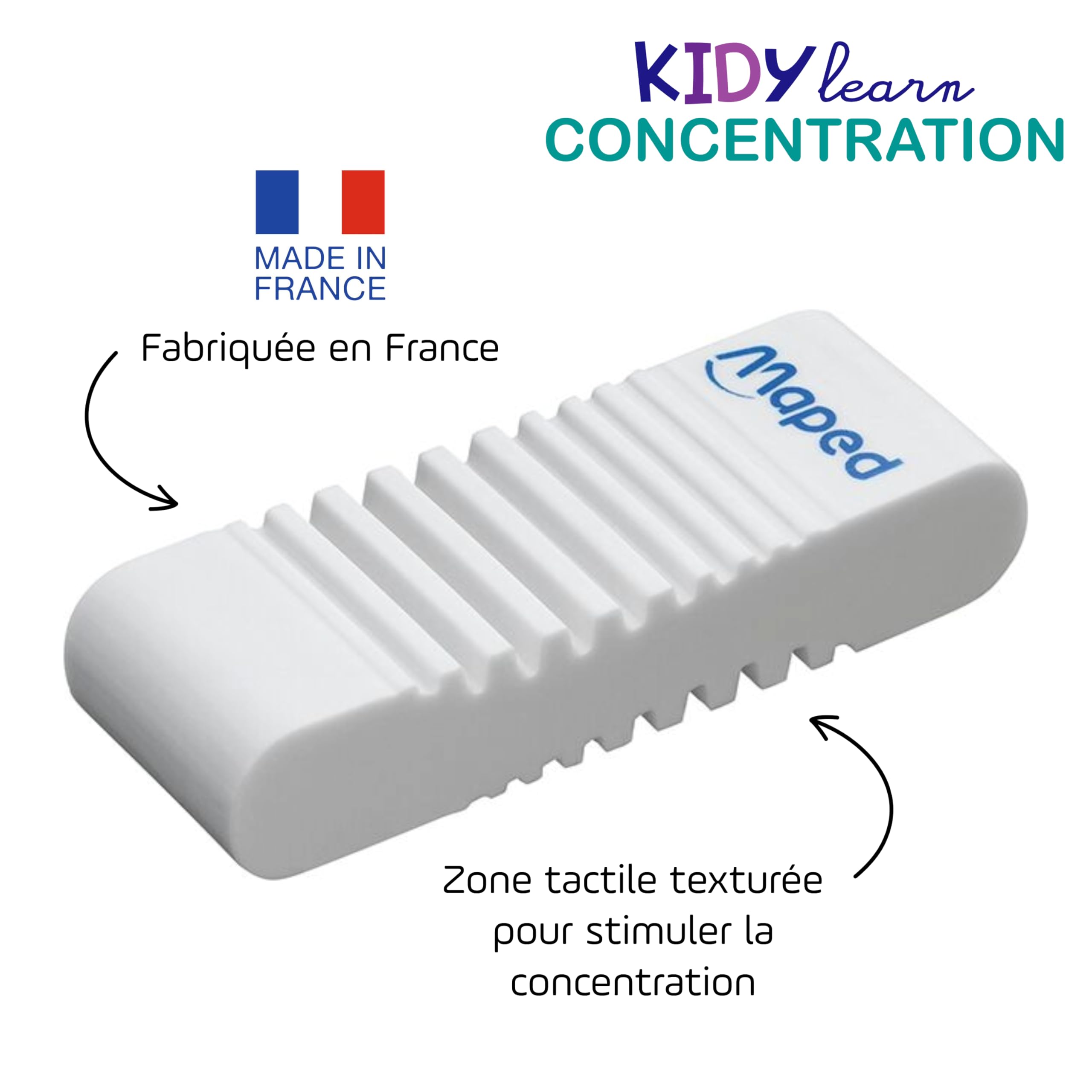 Maped - 2 gomme KIDY LEARN CONCENTRATION - Superficie strutturata - Stimolazione sensoriale - Gomma efficiente - Made in France - Confezione di carta riciclabile