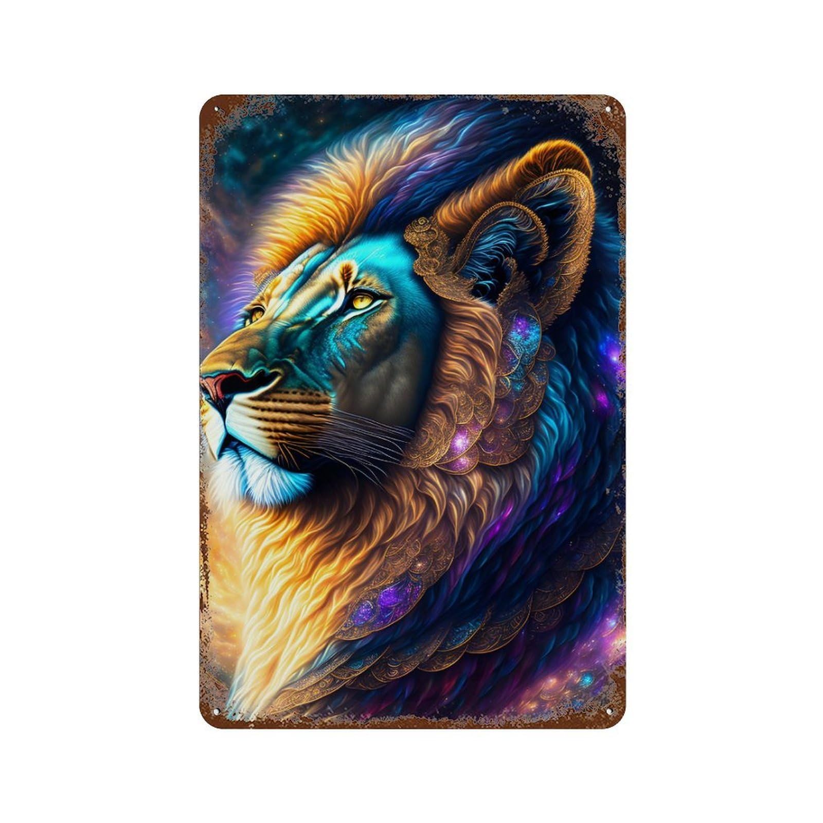 Fantasy Lion Art Print Aged Metal Wall Plaque 11.8"x7.9", Farmhouse Wall Decor for Office, Studio And Wall Decor