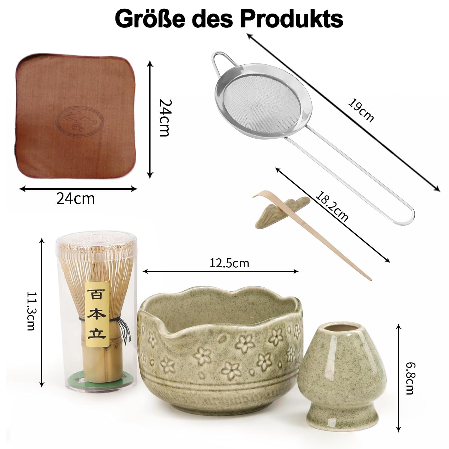 Lot de 6 bols à matcha japonais avec bec verseur, balai à matcha, passoire, cuillère, porte-balai, ensemble à thé élégant pour débutants et amateurs de matcha