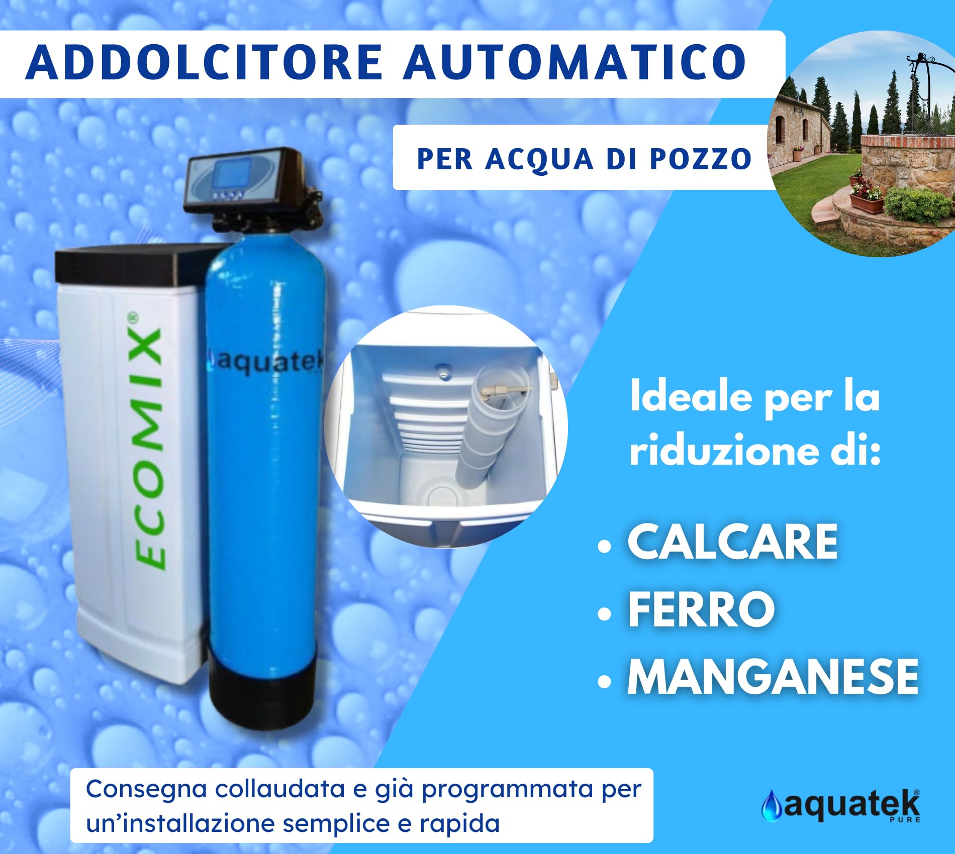 Aquatek - Addolcitore Automatico per Acqua di Pozzo MIX LCD 2 con Resine per Riduzione Calcare Ferro Manganese - Tecnologia Scambio Ionico - Display LCD - Ideale per Famiglie fino a 6 Persone