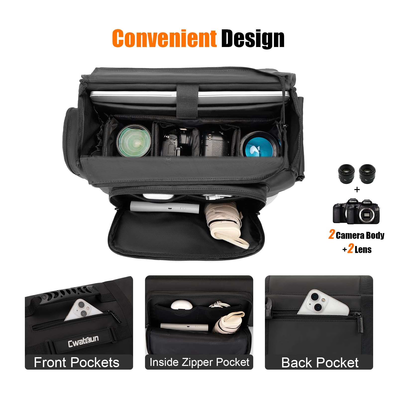 Cwatcun Bolsa táctica grande para cámara, funda cruzada impermeable con soporte para trípode y bolsas