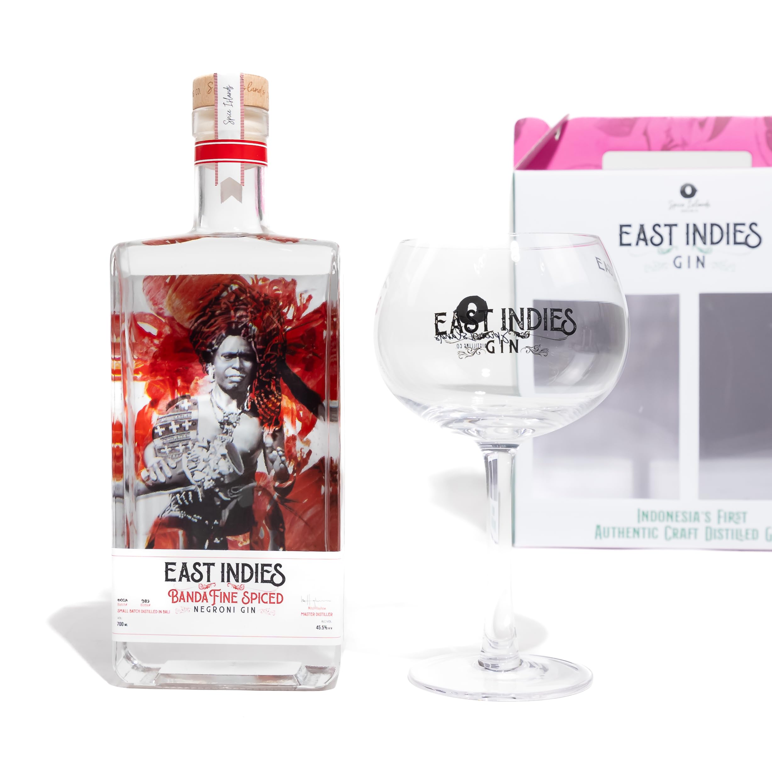 East Indies Banda Spiced Negroni Gin Geschenkset – Exklusiver Gin mit stilvollem Ballon Glas in hochwertiger Geschenkbox (1 x 0,7l)
