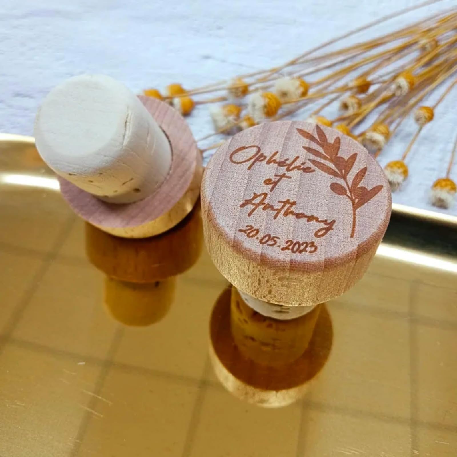Tapones de vino de corcho personalizados grabados para boda (90 unidades)