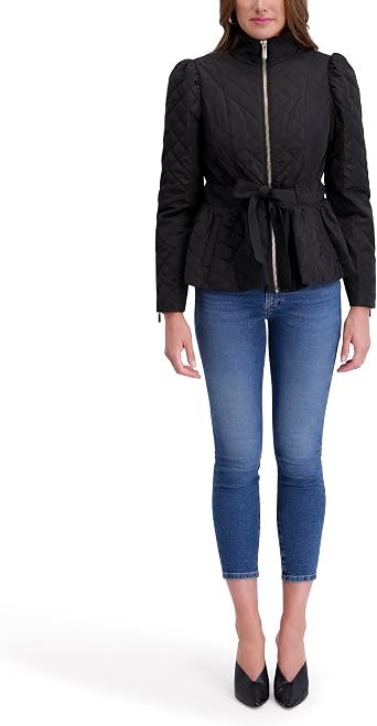 kensie Womens Outerwear Short Quilted Puffer Jacket With Puff Sleeves & Tie Belt