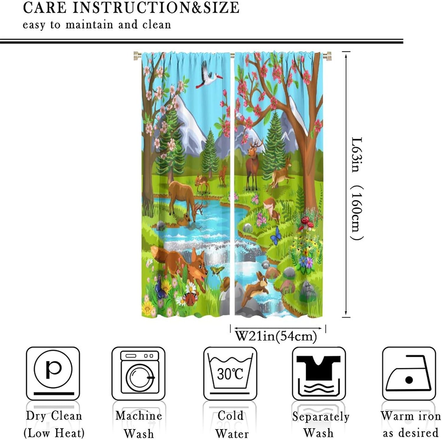 Animal Kids Cartoon Zoo Theme Curtains - Jungle Wildlife Deer Fox Rabbit Print Pattern Rod Pocket Curtains for Boys Girls Toddlers Bedroom Living Room Set 42x63 Inch 2 Panels