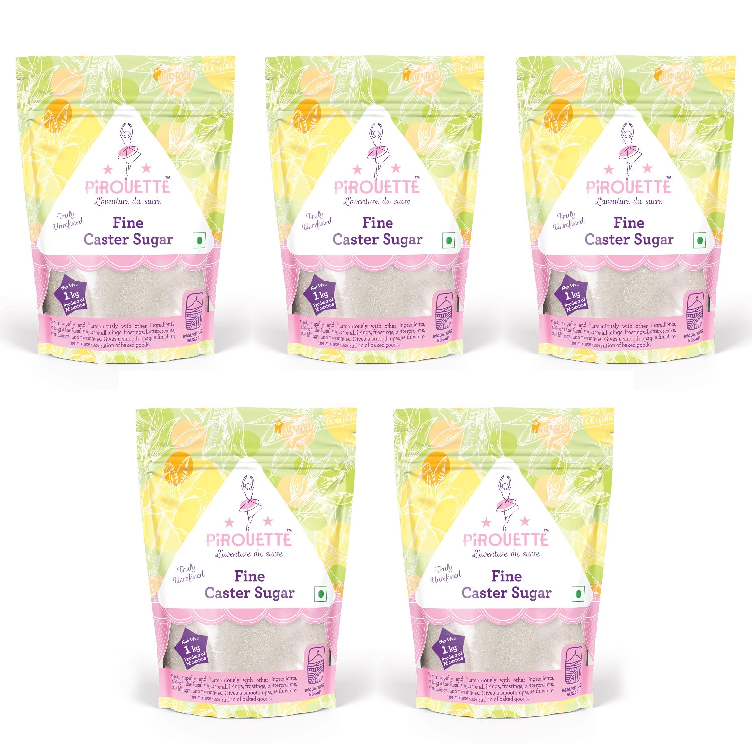 Pirouette Fine Caster Sugar| Truly Unrefined | Mauritius Sugar, 1kg | Pack of 5