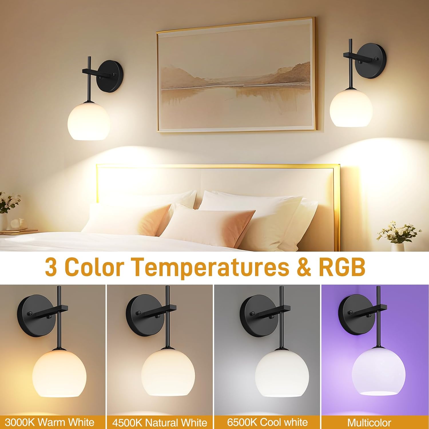 LABOREDUCER Battery Operated Wall Sconces Set of 2, Wireless Wall Sconces Decor Rechargeable Wall Light Indoor with Remote Frosted Glass LED Wall Lamp with 3 Colors RGB for Living Room Bedroom (Black)