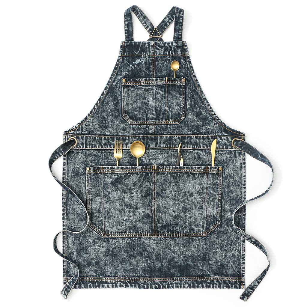 Jeanerlor Grembiuli in denim con tasche per donna lavoro insegnante grembiule per la lavorazione del legno parrucchiere (nero) cinghie incrociate e regolabile da S a M