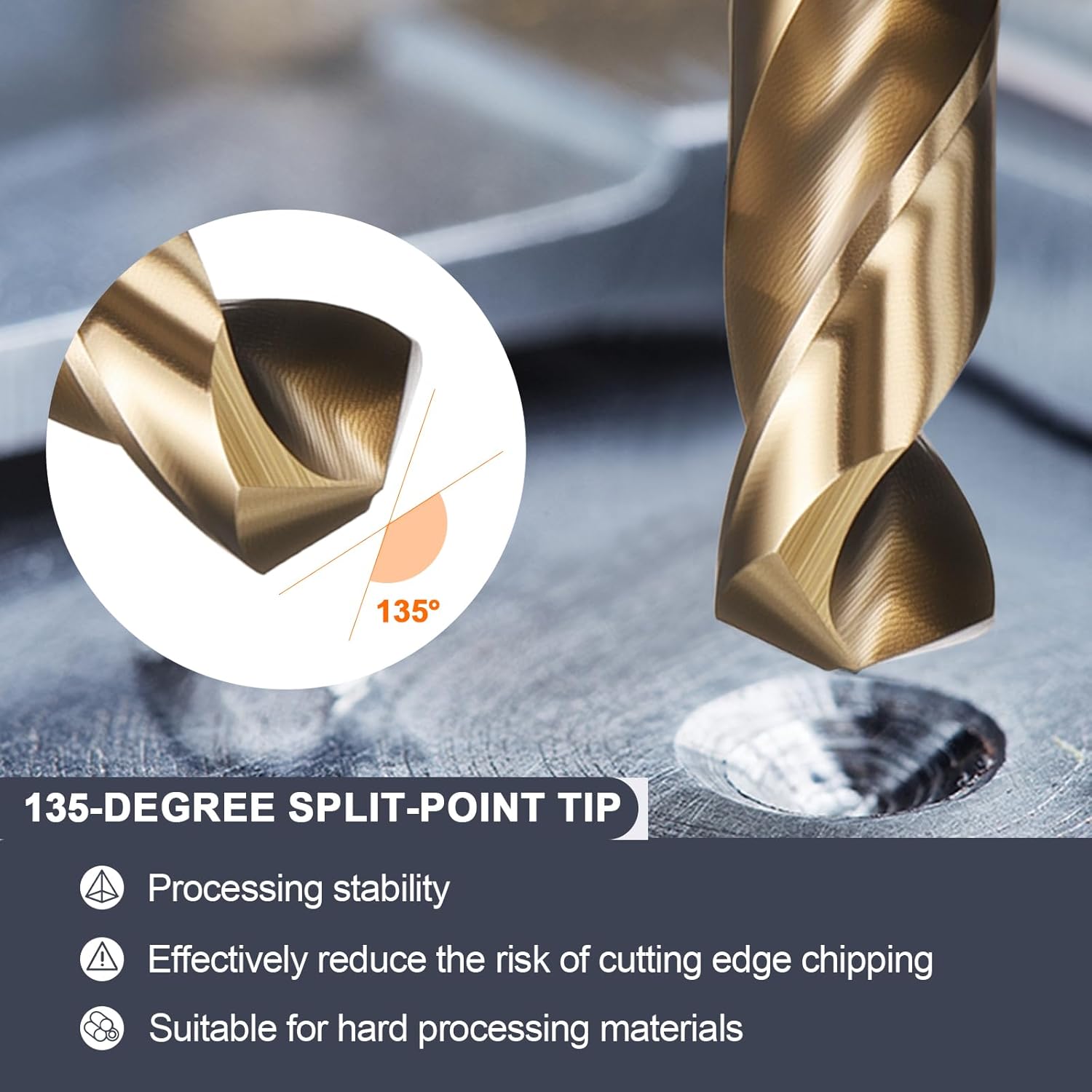 uxcell 1-1/16" Drill Bit 1/2" Reduced Shank 3-Flat M35 5% Cobalt High-Speed Steel Twist Gold Finish 135° Bits for Hard Metal Stainless Steel,1pcs