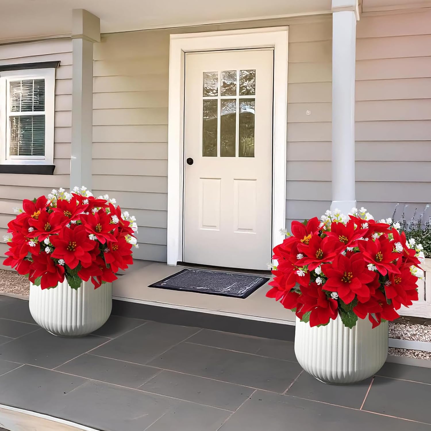 Christmas Artificial Flowers for Outdoors Red Poinsettia Flowers Artificial 12 Bundles Mixed UV Resistant Faux Flowers for Outdoor Planters Garden Porch Patio Home Winter Decor