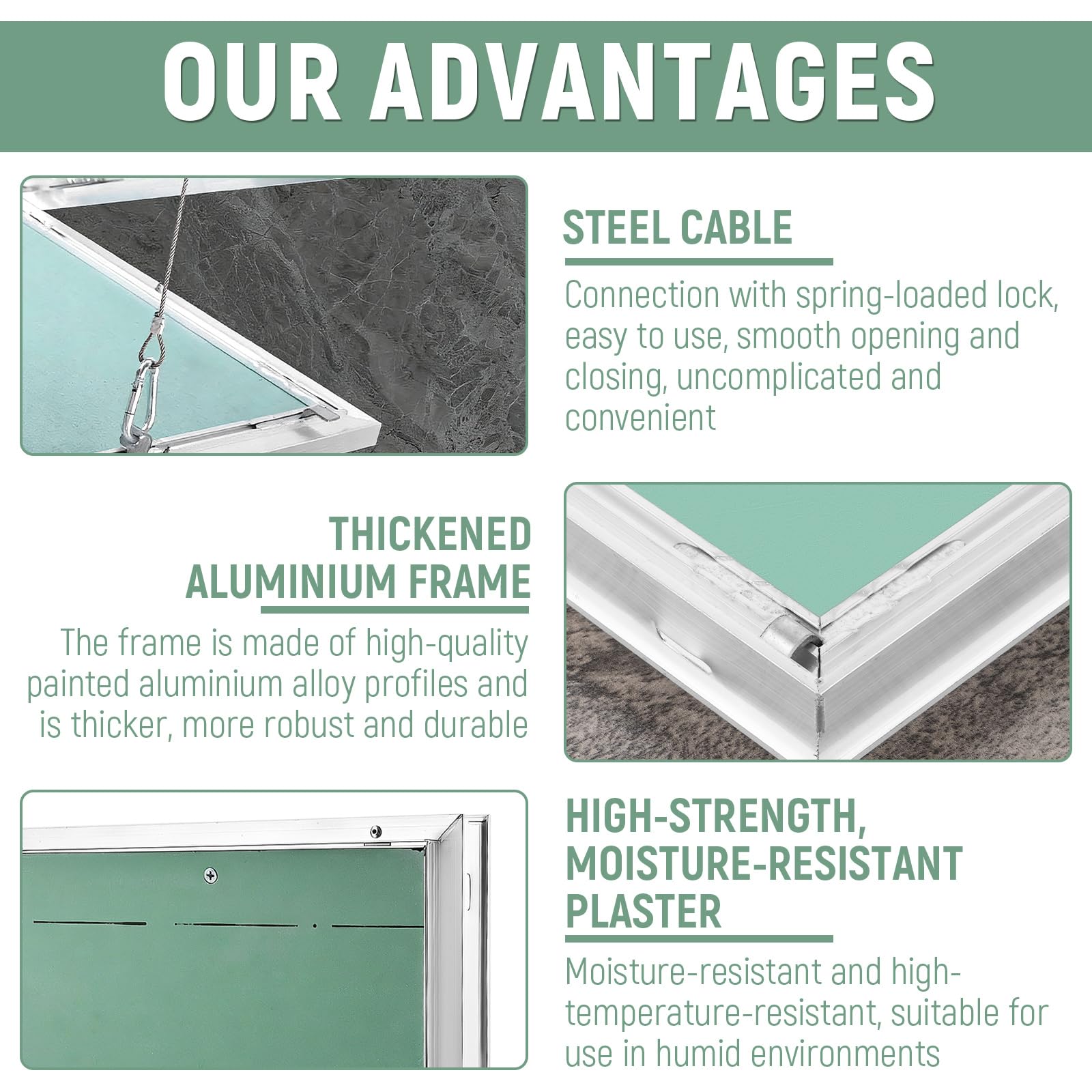 Trampilla Pladur 30 cm, Tapa Registro Pladur de Aluminio con Placa de Yeso Verde, Puerta Revision Empotrada para Techo, Pared, Fontaneria y Electricidad