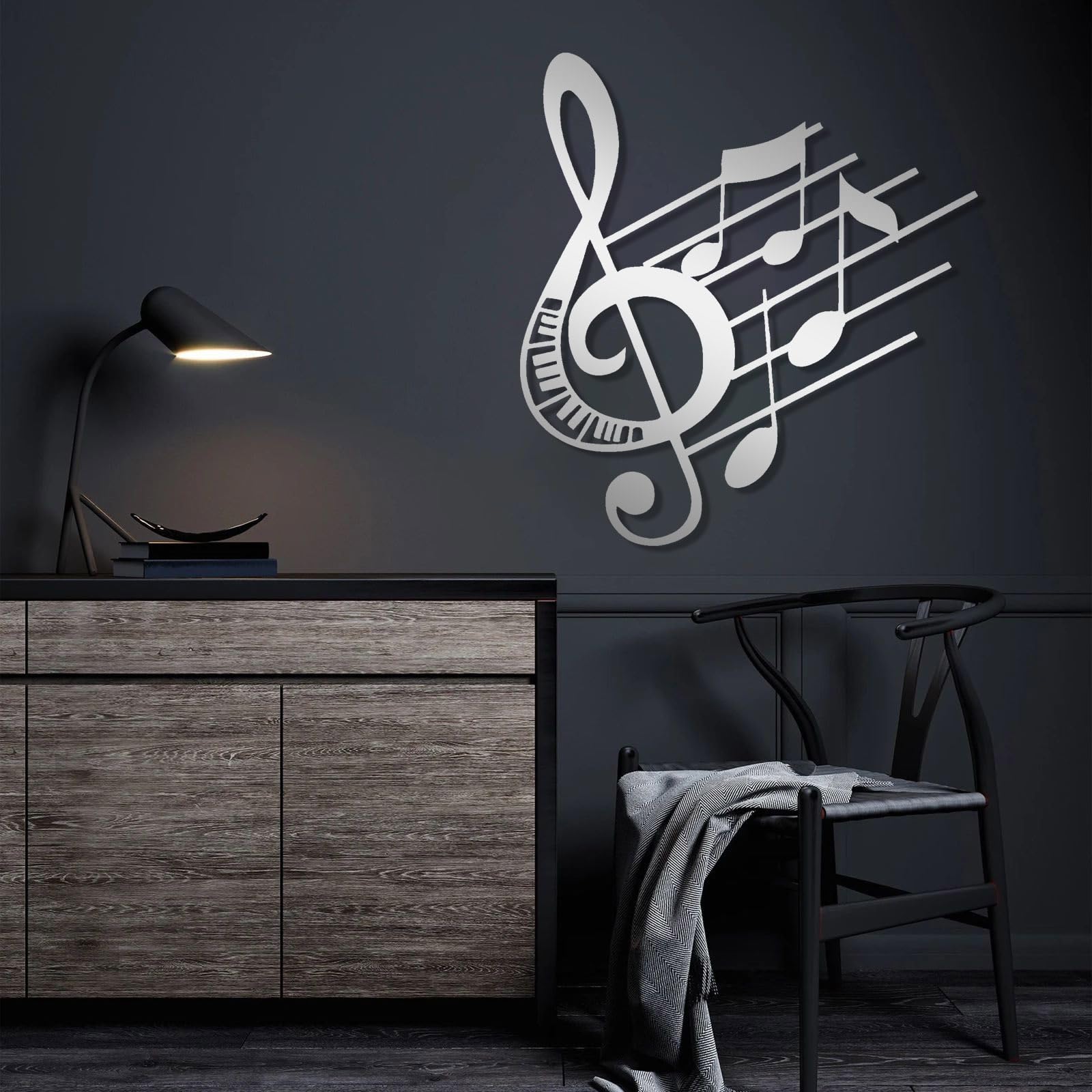 Generico Decoración de pared abstracta contemporánea de Metal con notas musicales, Arte, Clave de sol, adornos colgantes, Regalo para enamorados, hogar (65 x 70 cm, Blanco)