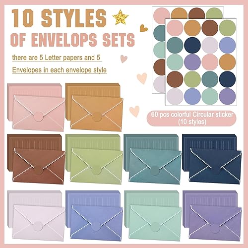 Miniatura 4 de TaoBary Juego de 160 paquetes de papel de papelería (50 papeles de escritura de doble cara, 50 sobres a juego), 60 calcomanías de puntos redondos,