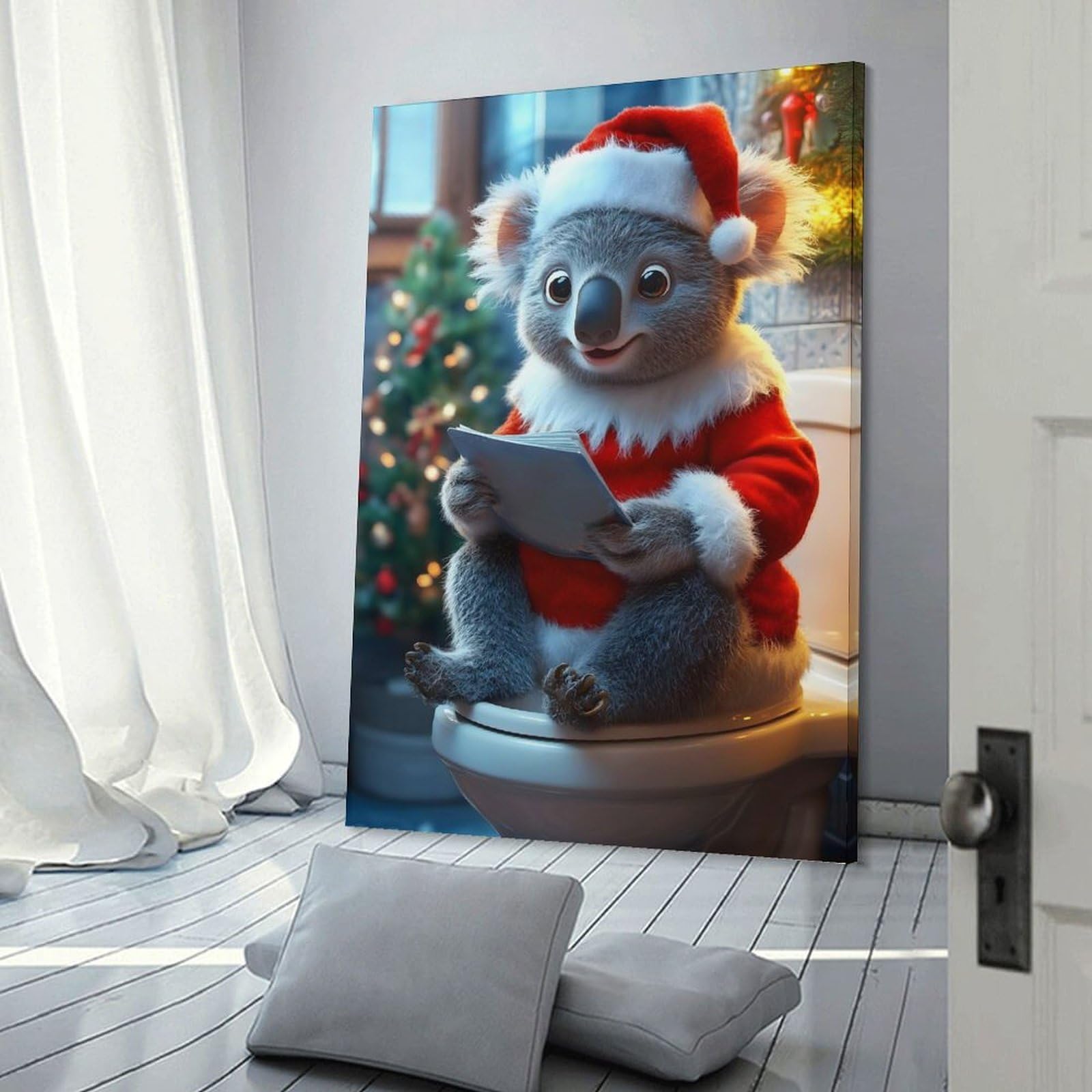 Junmoney Koala Santa on Toilet Canvas Art Print 08x12inch(20x30cm), for Entrance Spaces, Stair Walls Or Halls, Wall Decor to Refresh Empty Corners