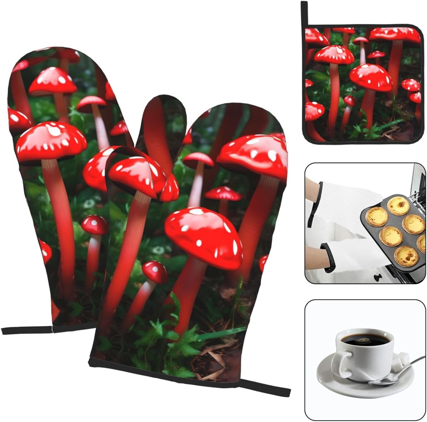 Red Mushrooms Print Heat Resistant Microwave Gloves, Used for Baking, Cooking, and Fashion Kitchen Essentials