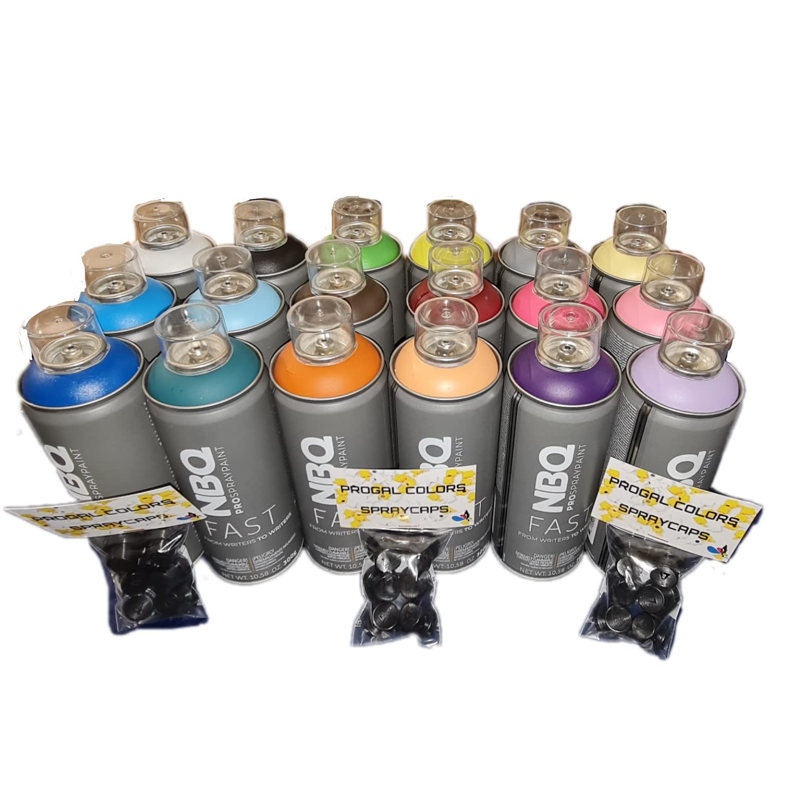 PROGAL COLORS NBQ FAST MAGIC PACK (18x Spray 400mL + Difusor/Cap) Pintura en Spray de Alta presión Acabado Mate Multisuperficie Muralismo y decoración, perfecto para principiantes y expertos