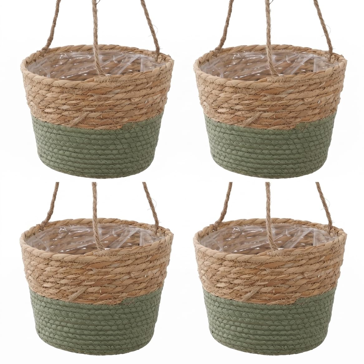 Ngbbby 4pcs Hanging Flower Pots, Handwoven Woven Plant Basket, Cattail & Paper Cord Plant Hanging Baskets For Indoor Outdoor Decor, Green, Woven Basket