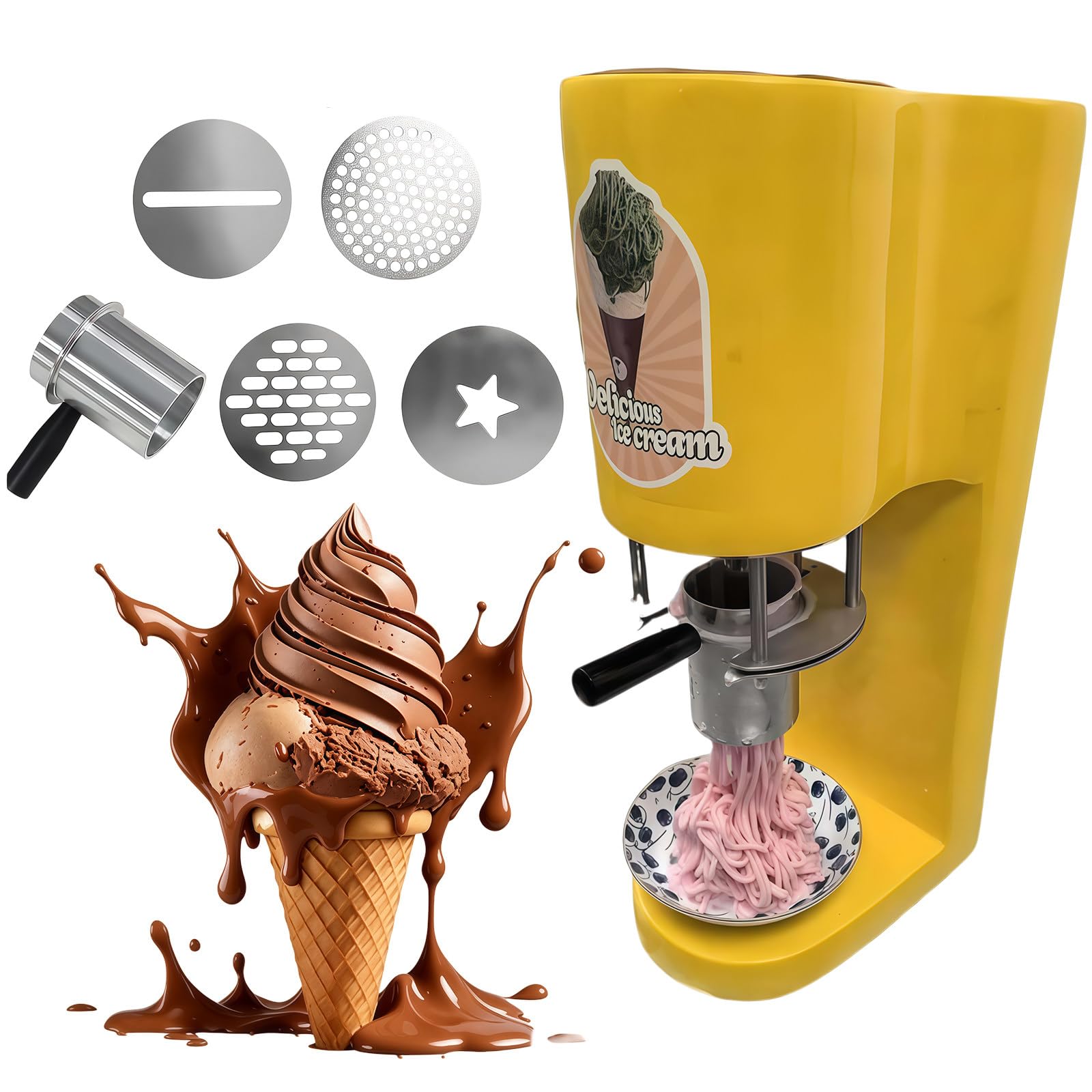 Machine à Glace Professionnelle, Extrudeuse à Pâtes Glacées 80 W avec 4 Moules De Formes Différentes, Débit De 7,4 à 7,9 Gal/H, pour Les Glaciers, Bars, Cafés, Restaurants Et Snacks Yellow