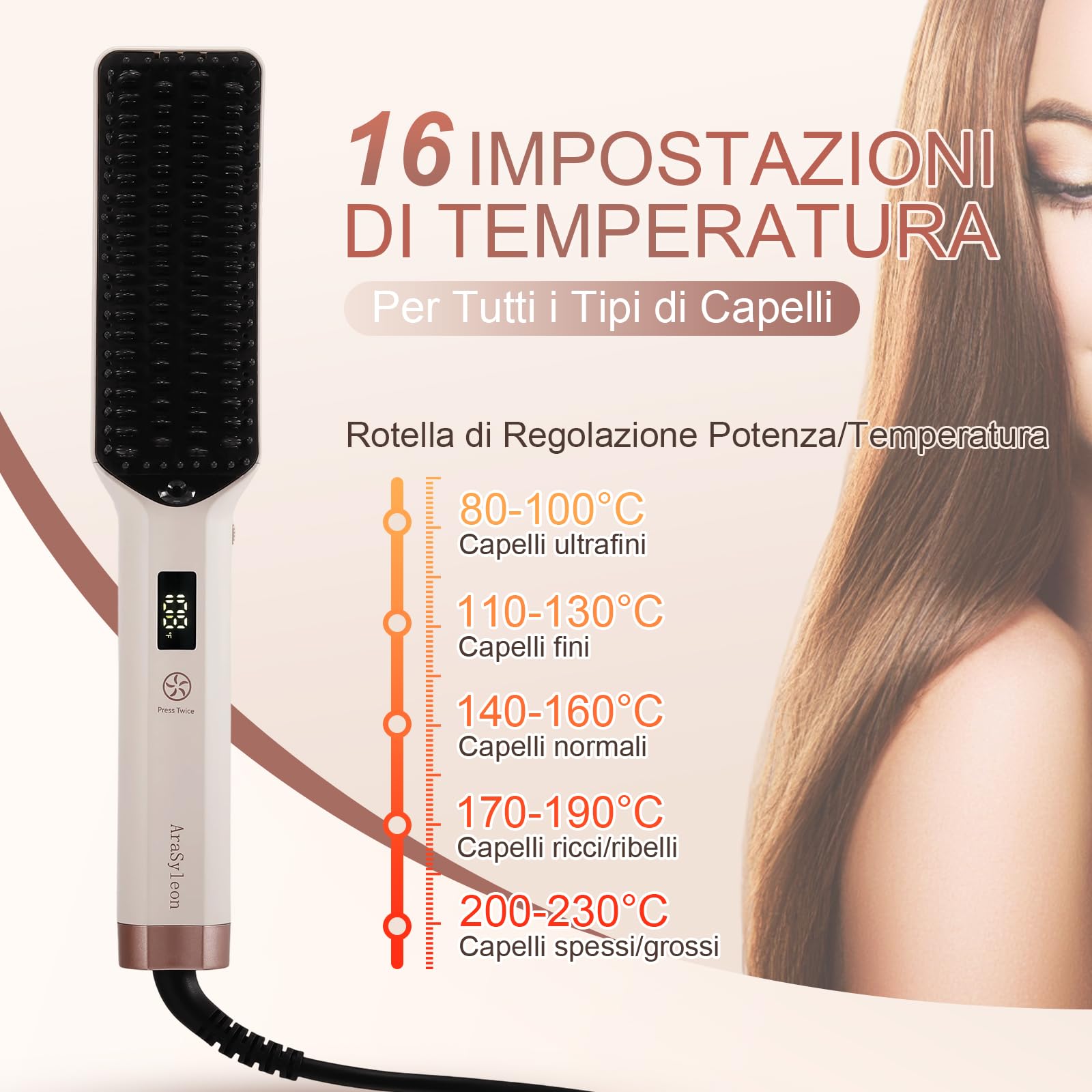 Spazzola Lisciante Professionale a Ioni Ceramica, 16 Livelli di Temperatura (80-230°C) – Riscaldamento Rapido, Doppia Tensione (100V-240V) – Ideale per Styling Liscio, Lucente e Anti-Crespo