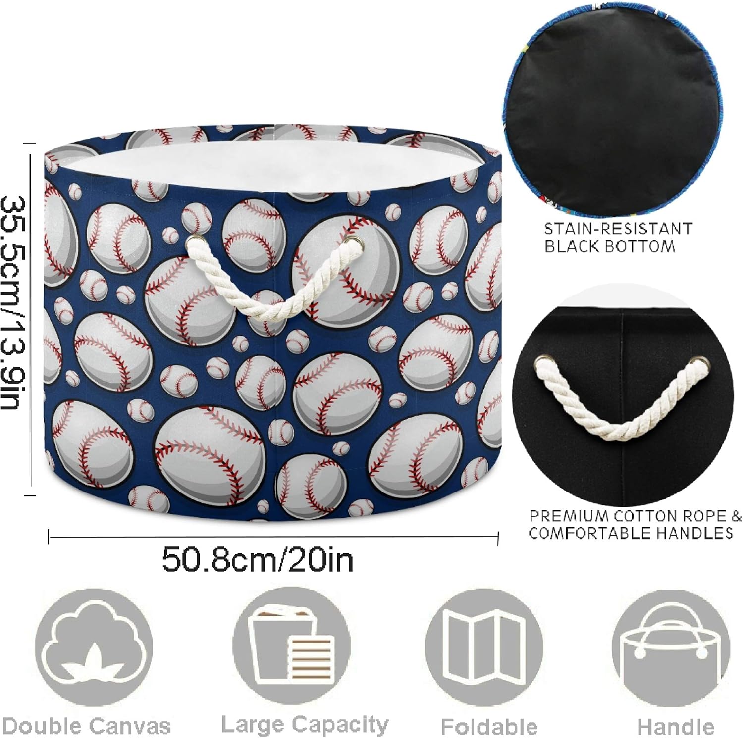 visesunny Baseball Softball Laundry Baskets Fabric Storage Bin Storage Box Collapsible Storage Basket Toy Clothes Shelves Basket for Bathroom,Bedroom,Nursery,Closet,Office