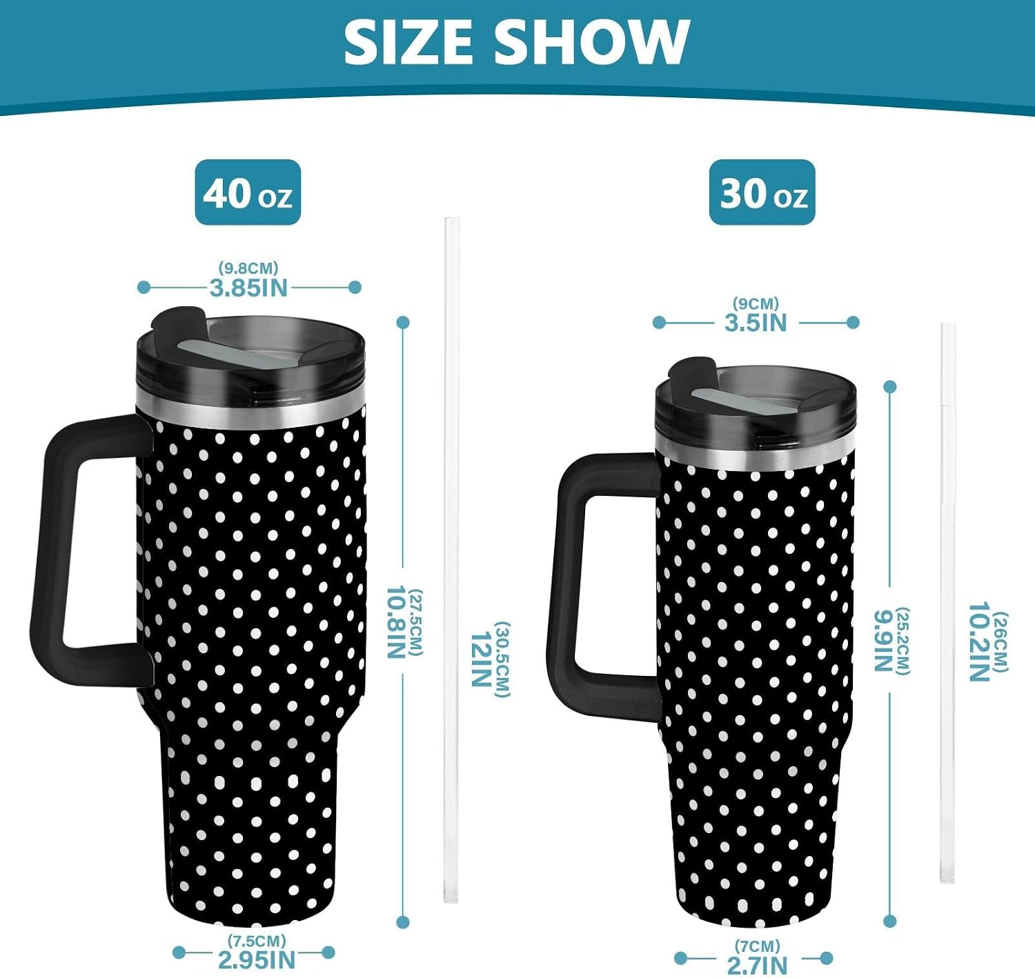 40 oz Tumbler Black Polka Dots with Handle and Straw Lid Vacuum Stainless Steel Insulated Water Bottle Travel Mug Car Cup Holder Friendly for Gym Travel Office