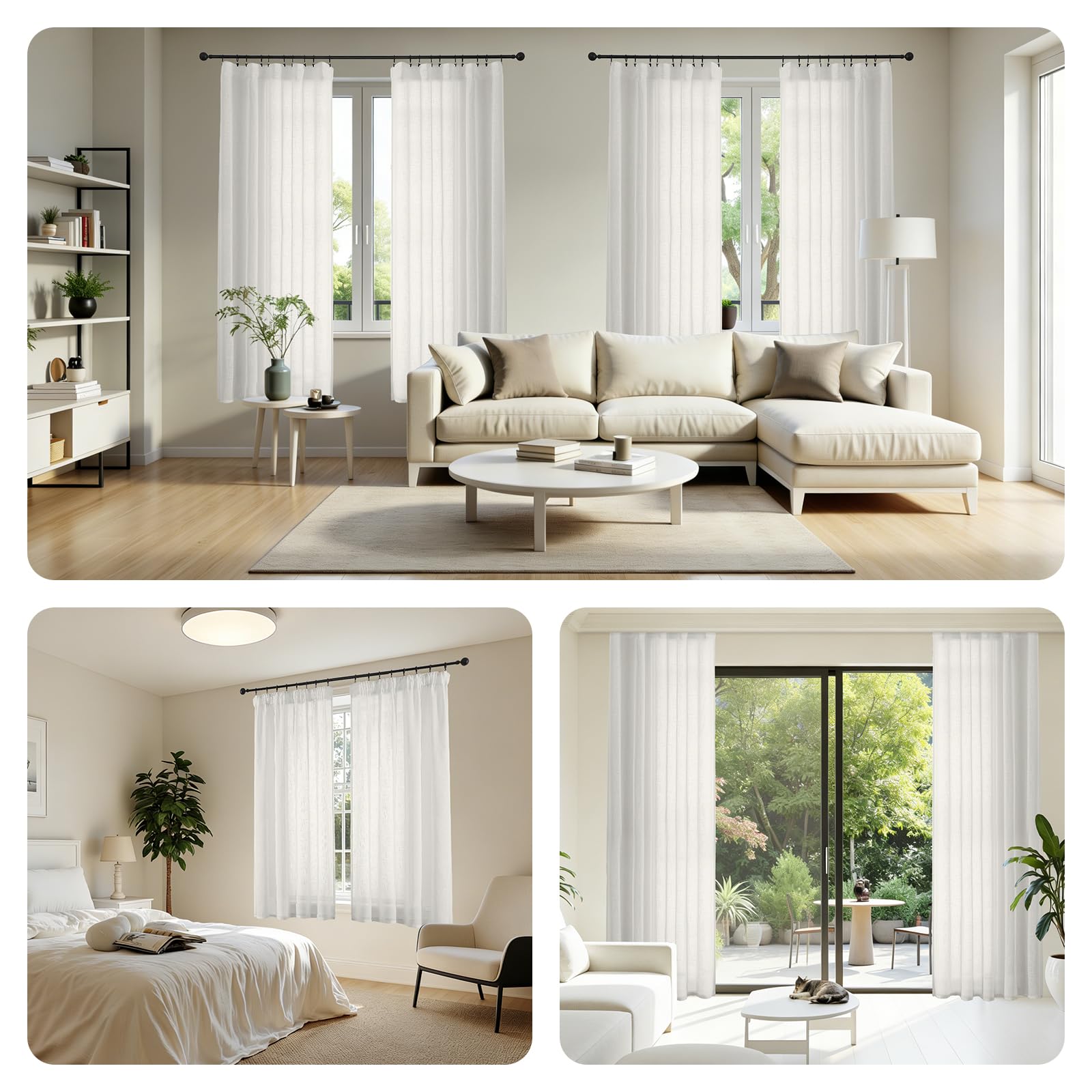Joydeco Lot de 2 Rideaux Voilages Ivoire 140x245 cm pour Rail Plafond, Voilage Semi-Transparent Effet Lin avec Galon Fronceur pour Décoration Interieure et Filtrage de Lumière (sans Crochets)