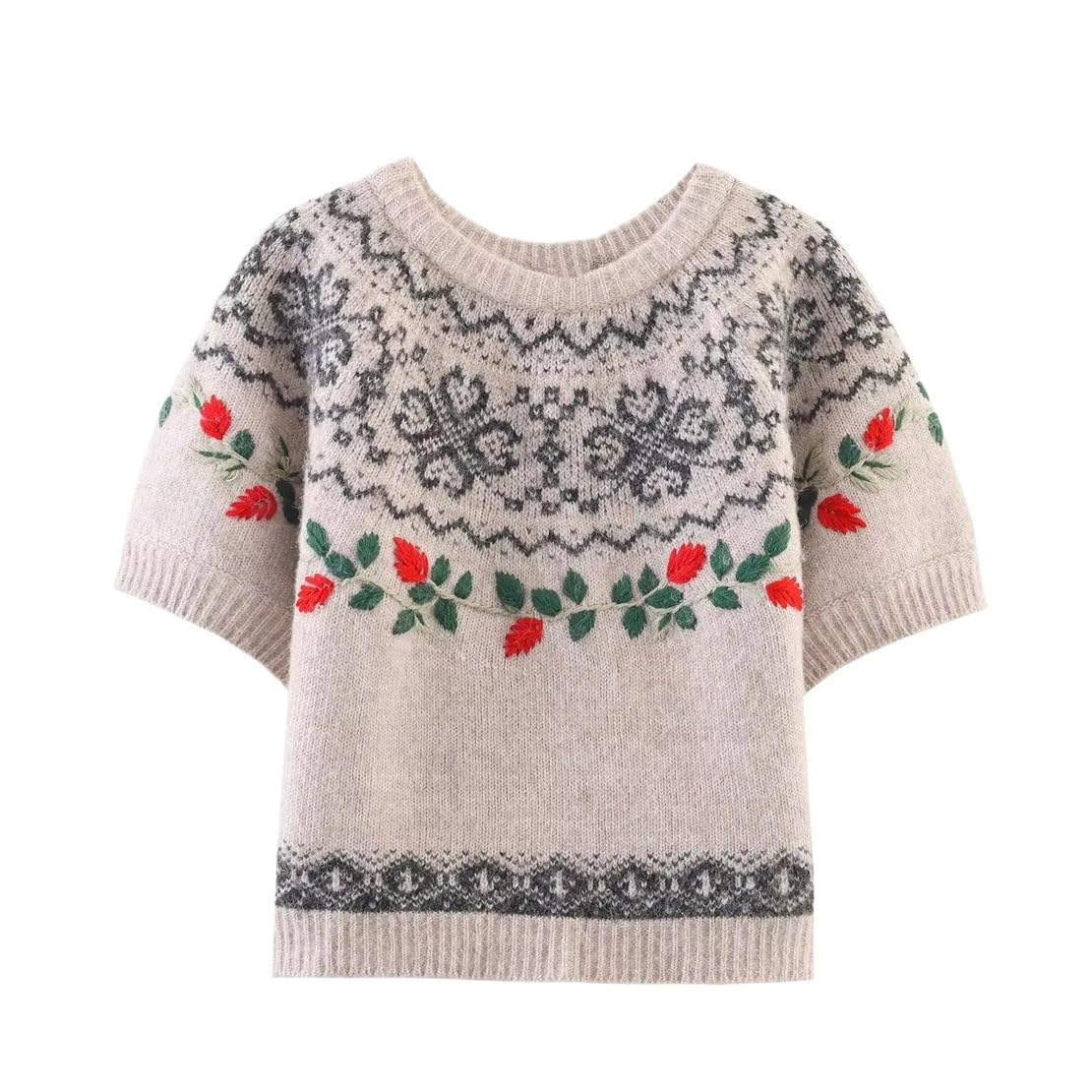 Womens O-Neck Short Sleeve Jacquard Knit Sweater Pullover with Ruched Detail for Autumn Winter Casual Streetwear