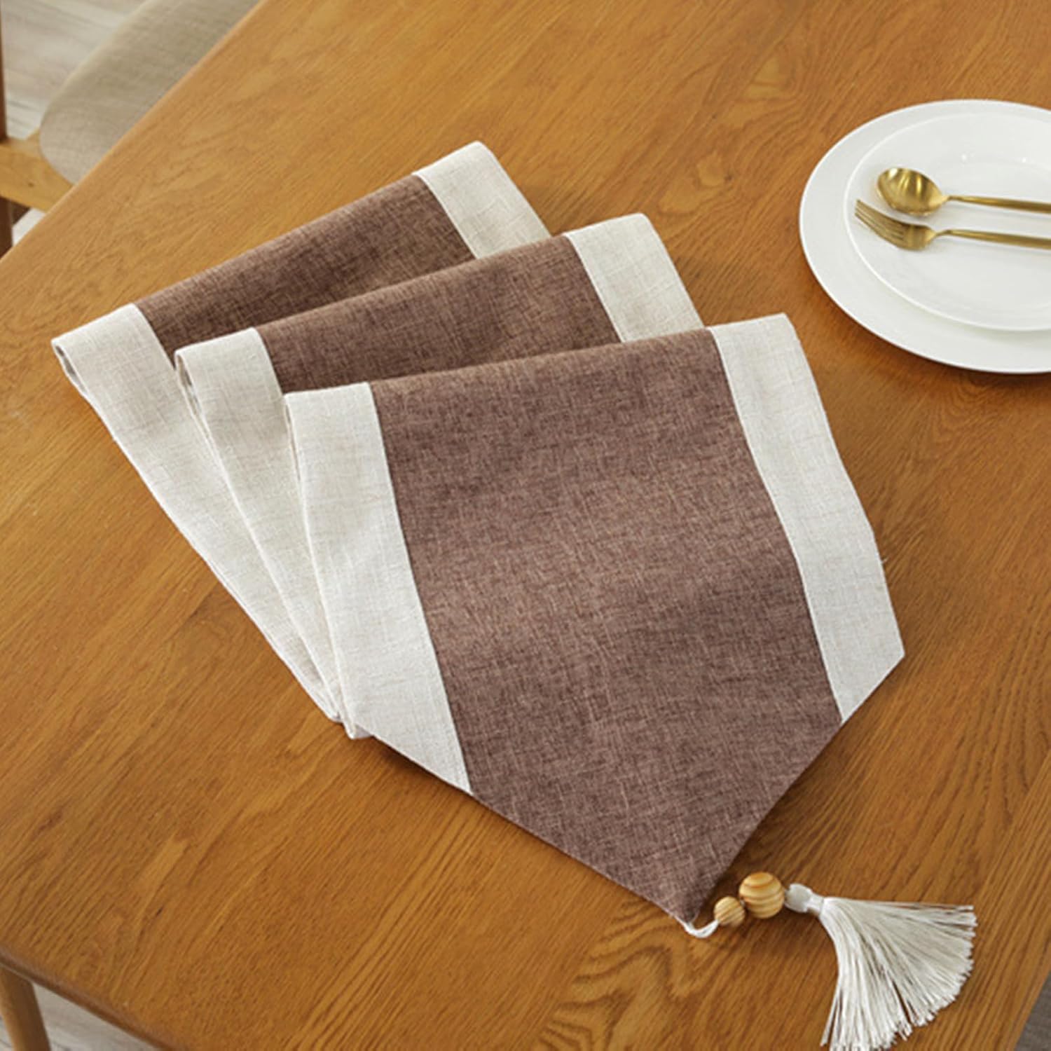 Linen Textured Table Runner, Two-Colors Rustic Farmhouse Table Runner with Tassel for Everyday Dining Wedding Party Holiday Home Decor, 13 x 98 Inch, Brown